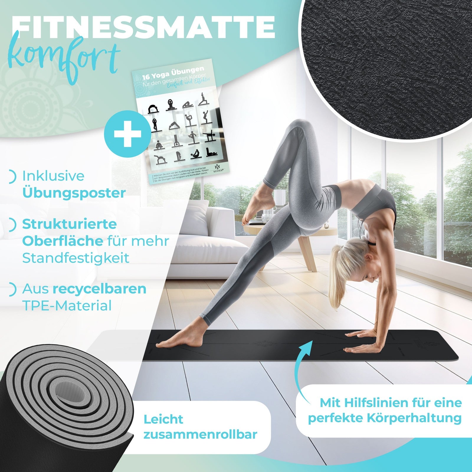 KESSER® Yogamatte TPE Fitnessmatte Gymnastikmatte Pilates Sportmatte Bodenmatte