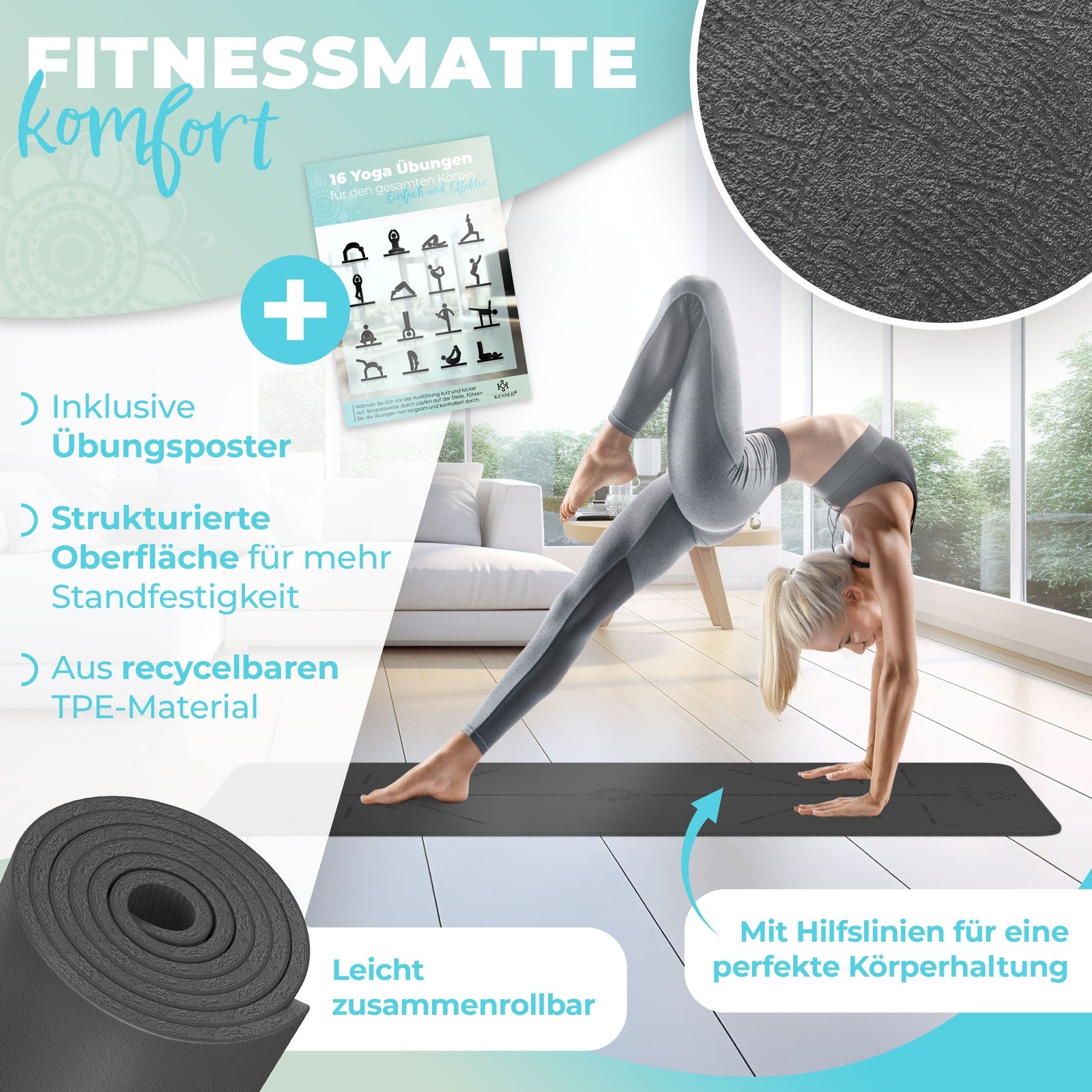 KESSER® Yogamatte TPE Fitnessmatte Gymnastikmatte Pilates Sportmatte Bodenmatte