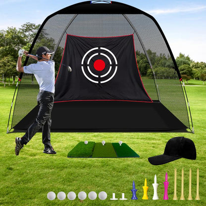 12X7FT Golf Hitting Practice Nets & Turf Mat Tees for Backyard Driving - Heavy Duty Mens Real Indoor Golf Balls Hitting Pitching Driving Nets - Indoor Outdoor Garage Use Golfing Swing Training Impact Cages (Black Netting)