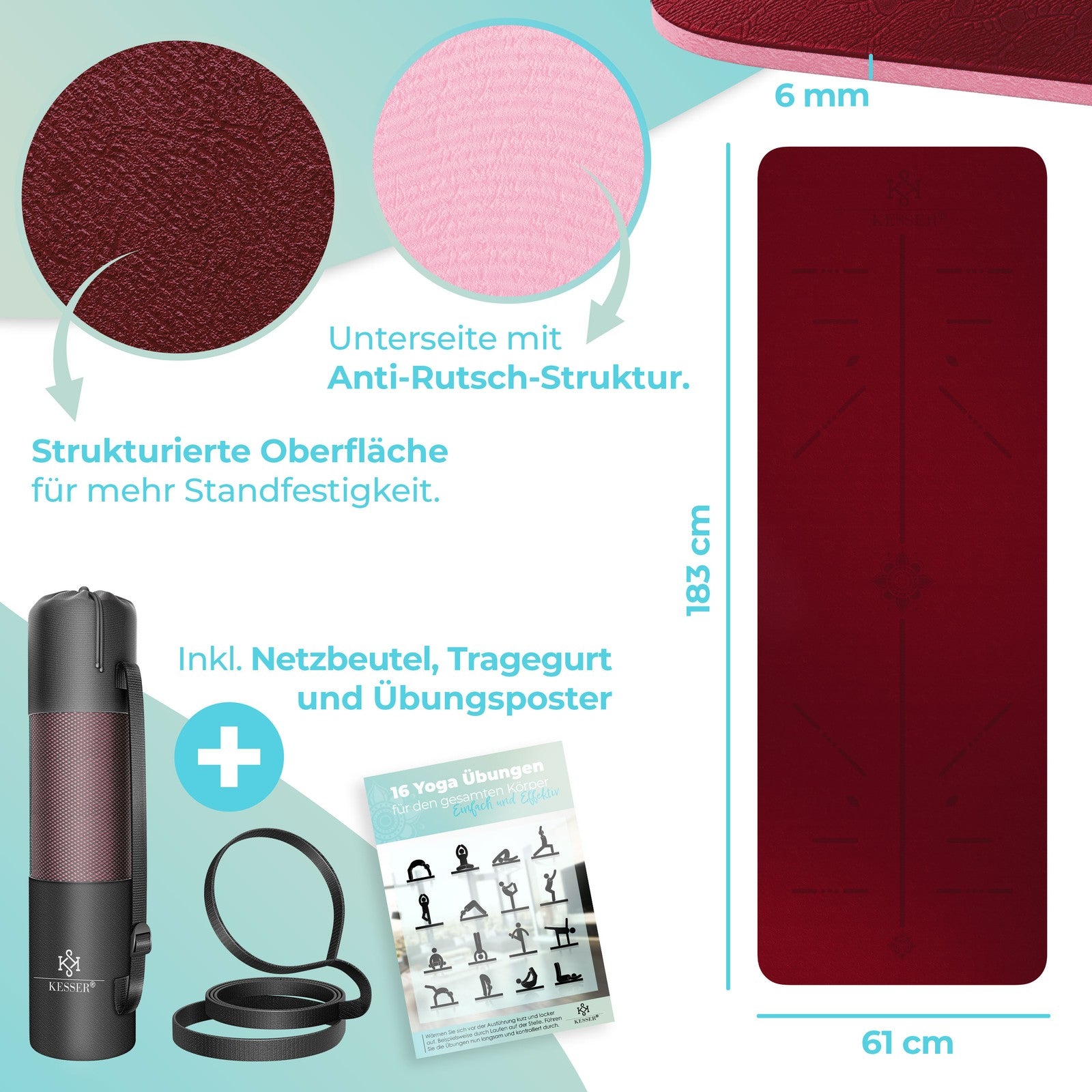 KESSER® Yogamatte TPE Fitnessmatte Gymnastikmatte Pilates Sportmatte Bodenmatte