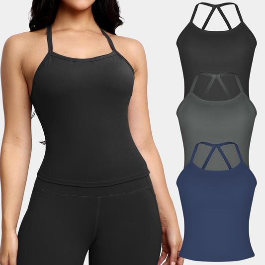 CHRLEISURE 3PCS Tank Strappy Back Yoga & Fitness Top for Women Flattering Fit Comfortable Stretch High Elasticity Breathable Comfortable