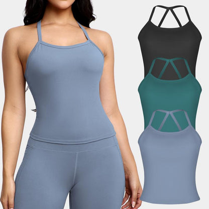 CHRLEISURE 3PCS Tank Strappy Back Yoga & Fitness Top for Women Flattering Fit Comfortable Stretch High Elasticity Breathable Comfortable