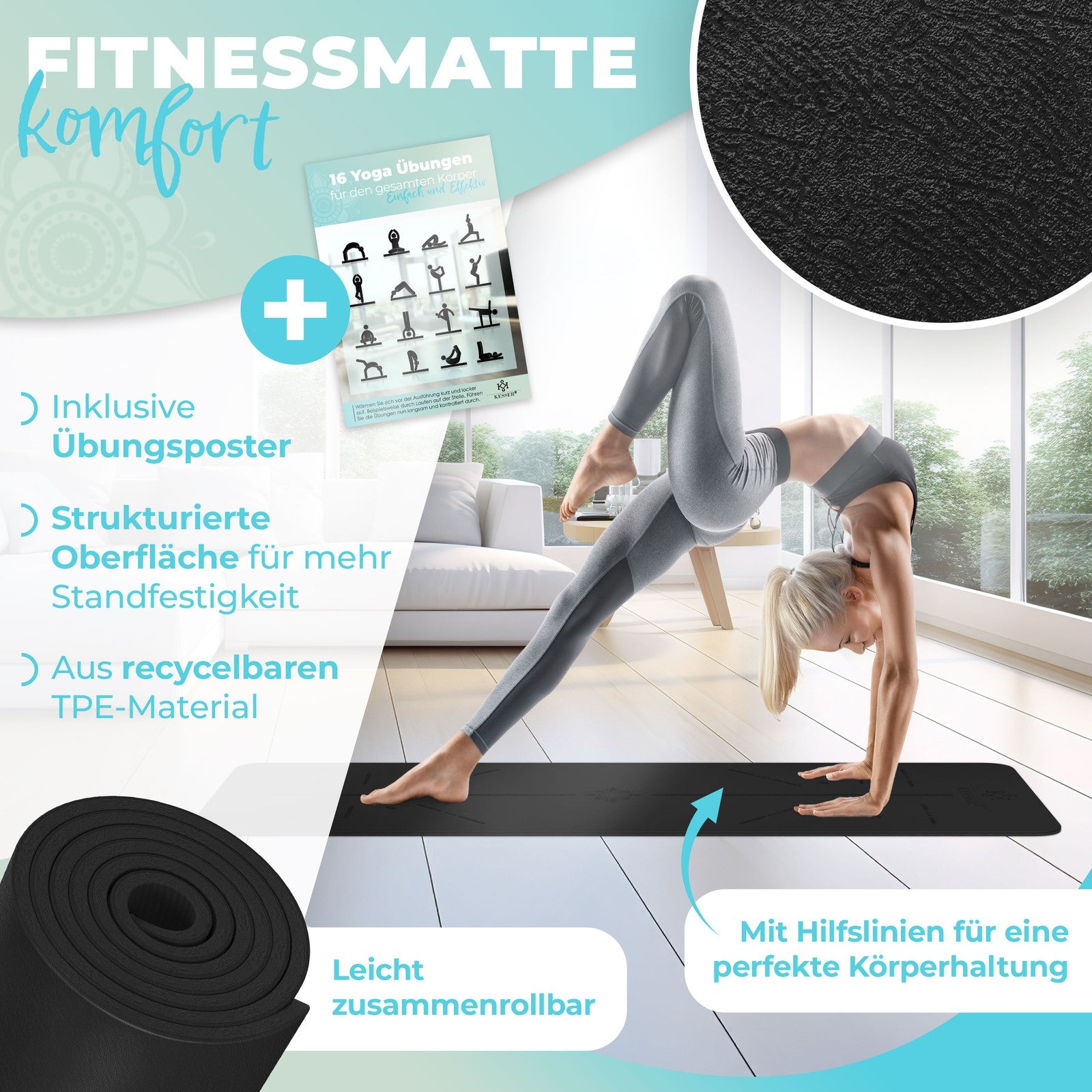 KESSER® Yogamatte TPE Fitnessmatte Gymnastikmatte Pilates Sportmatte Bodenmatte
