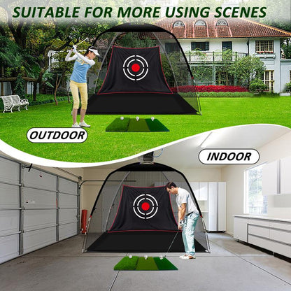 12X7FT Golf Hitting Practice Nets & Turf Mat Tees for Backyard Driving - Heavy Duty Mens Real Indoor Golf Balls Hitting Pitching Driving Nets - Indoor Outdoor Garage Use Golfing Swing Training Impact Cages (Black Netting)