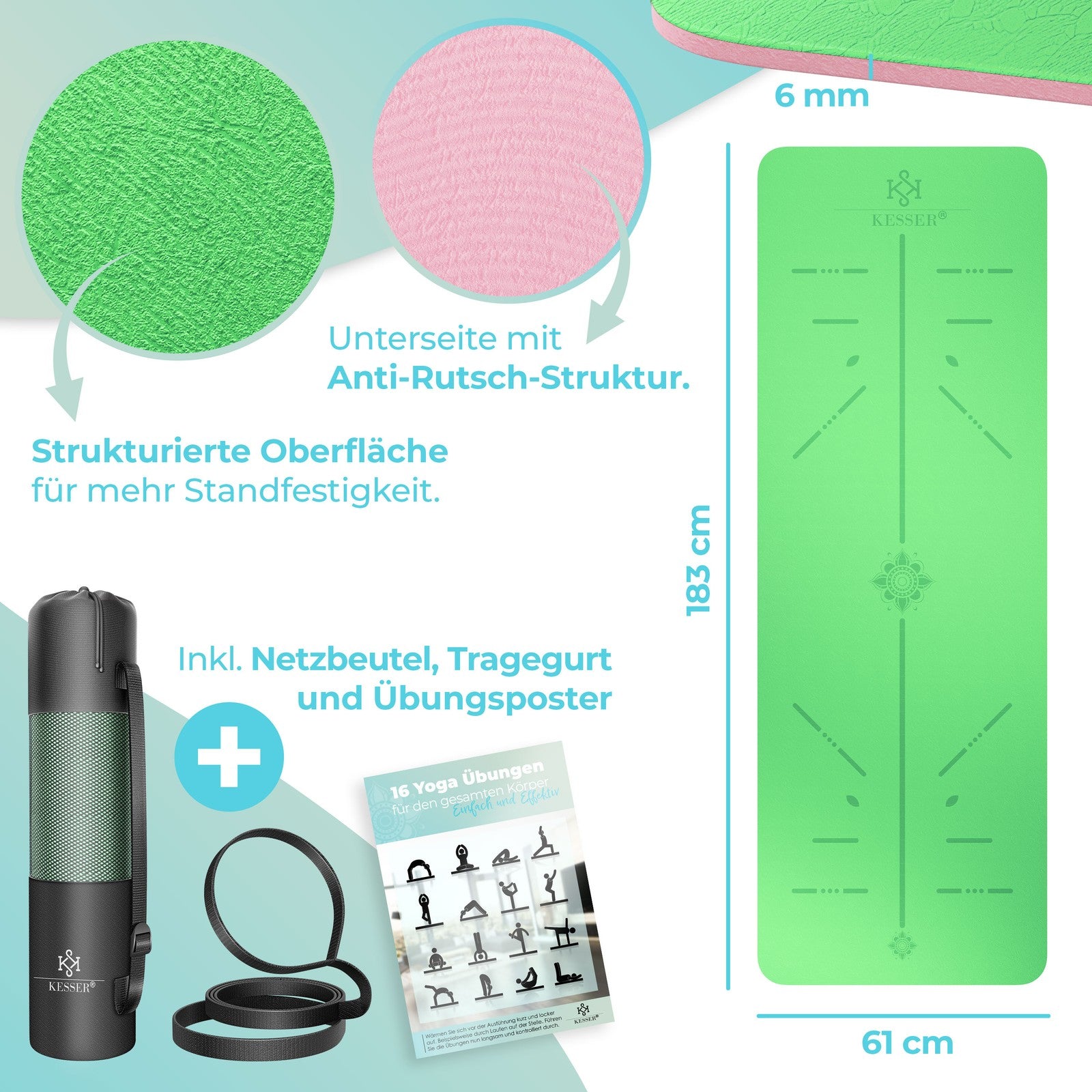 KESSER® Yogamatte TPE Fitnessmatte Gymnastikmatte Pilates Sportmatte Bodenmatte