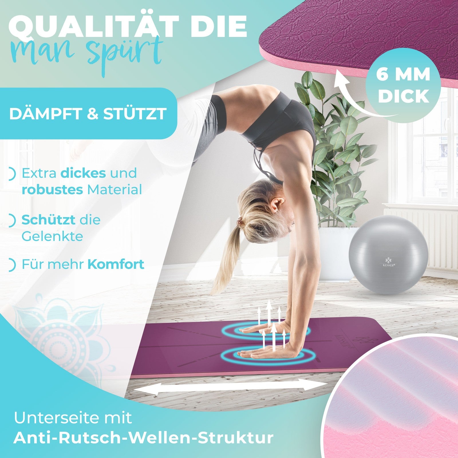 KESSER® Yogamatte TPE Fitnessmatte Gymnastikmatte Pilates Sportmatte Bodenmatte