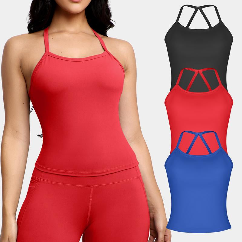 CHRLEISURE 3PCS Tank Strappy Back Yoga & Fitness Top for Women Flattering Fit Comfortable Stretch High Elasticity Breathable Comfortable