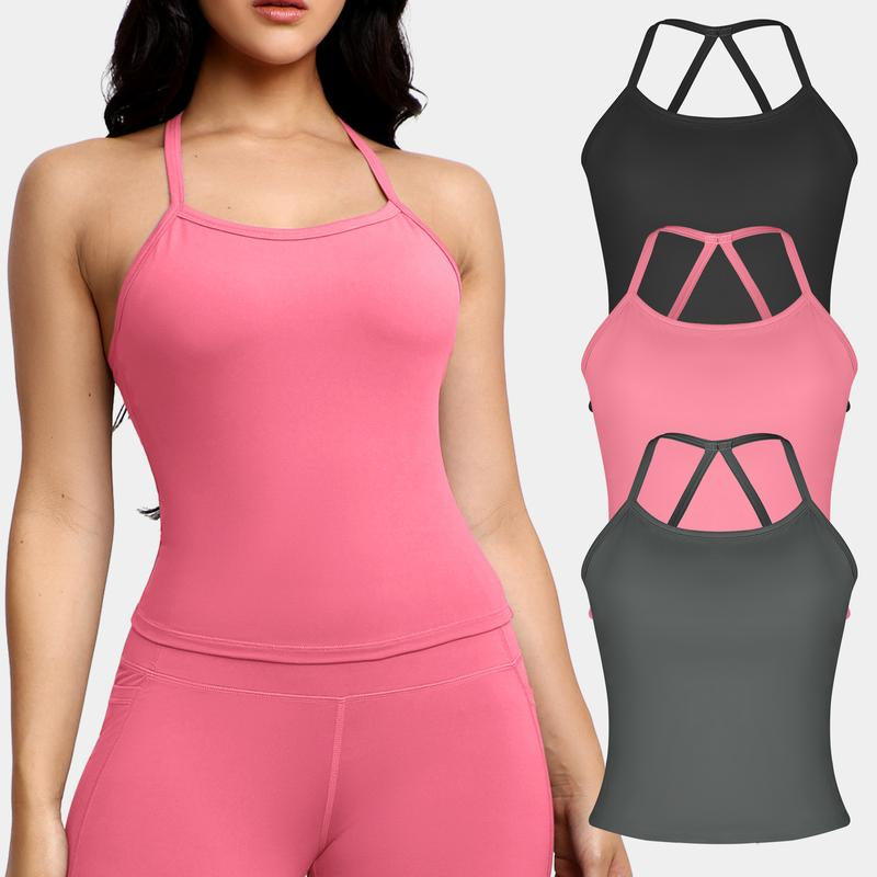 CHRLEISURE 3PCS Tank Strappy Back Yoga & Fitness Top for Women Flattering Fit Comfortable Stretch High Elasticity Breathable Comfortable